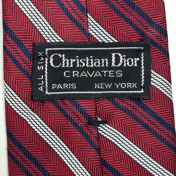 Vintage Christian Dior Neck Tie Men’s Red White Blue 90s Stripes Silk 56.5" x 3" - Picture 7 of 9